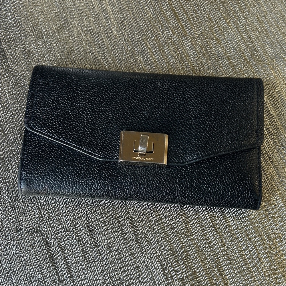 Michael Kors Black Pebbled Envelope Wallet with Gold Turn-Lock